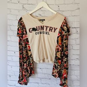 Country Cowgirl Long Sleeve Tee by Country Cowgirl — Cream with Floral Sleeves